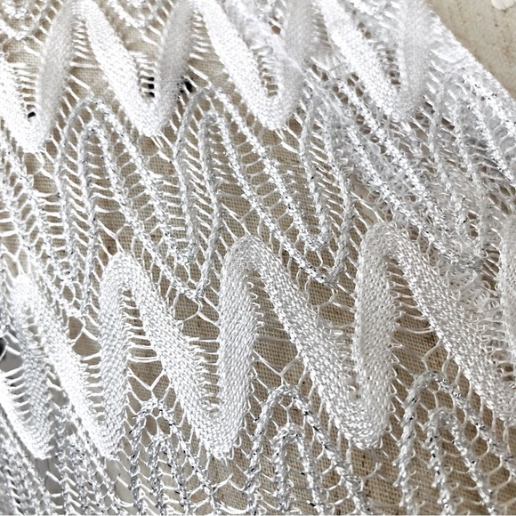 White Metallic Lace Zig Zag Chevron Pattern Sheer Swimsuit Tunic Coverup L - Picture 3 of 7